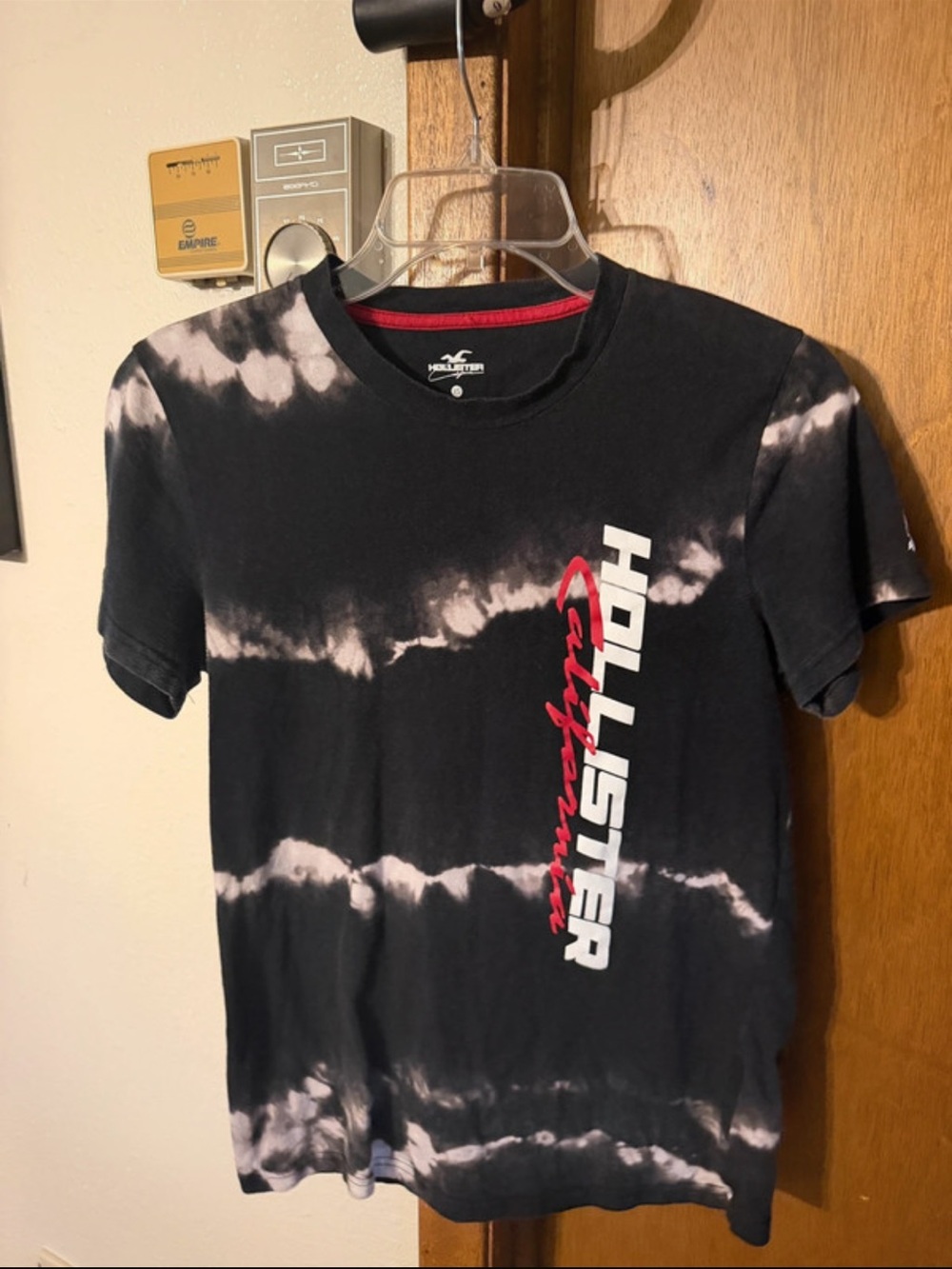 Hollister Black and White Tie-Dye Vertical Logo Tee with Red Script